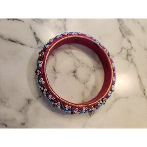 Vintage Pink & Blue Beaded Bangle With Intricate White Design